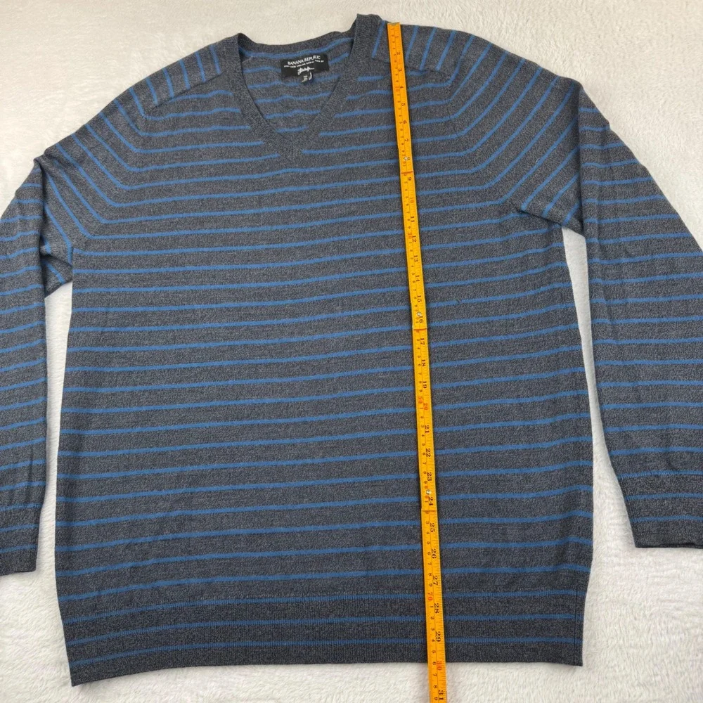 Banana Republic V-Neck Sweater Men XL Tall Gray Blue Striped Merino Wool Baruffa
